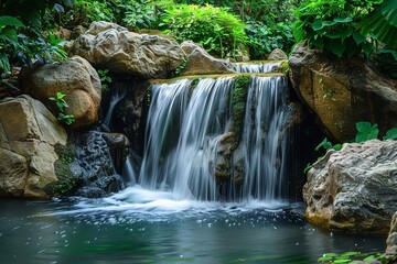 Naklejka premium painting of a woodland with a stunning waterfall and clear water, Generative AI.