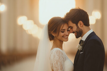 Sunlit wedding portrait of a smiling couple embracing, intimate and romantic setting