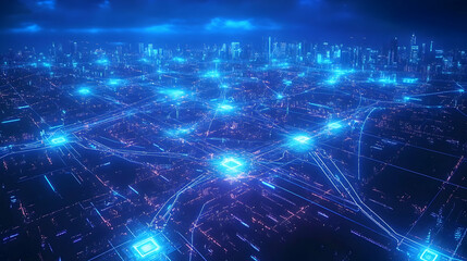 Vibrant cityscape with neon lights and digital network overlays at night