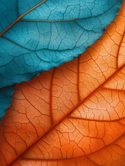 This macro photograph features vibrant orange and teal leaves with intricate textures, creating a dynamic and harmonious abstract design that is visually appealing and mesmerizing