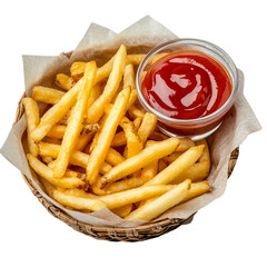 French fries in basket with ketchup isolated on transparent background.