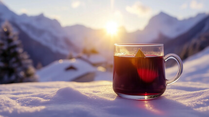 A cup of hot tea is sitting on a snowy surface, with mountains in the background