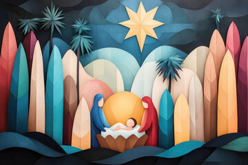 Colorful nativity scene illustration with abstract shapes and bright star, modern depiction of the Christmas story