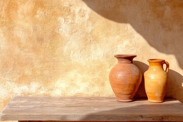 Elegant rustic wooden table adorned with earthy ceramic vases for minimalist interior decor