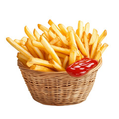 French fries in basket with ketchup isolated on transparent background.