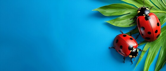 Fototapeta premium Two red ladybugs on a green leaf on a blue background