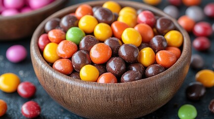 Colorful chocolate candies in a wooden bowl.