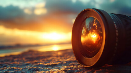 Camera lens focusing on a sunset, capturing a beautiful natural scene