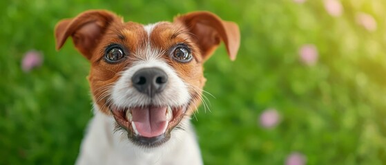 A small brown and white dog sitting in a field of flowers