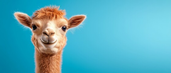  A close up of an alpaca's face against a blue background