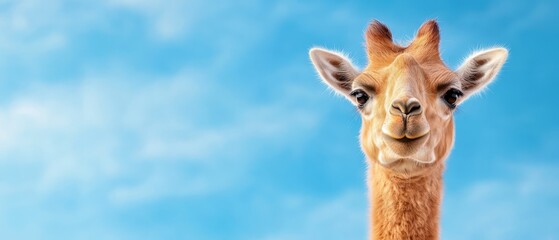 Obraz premium A close up of a giraffe's face against a blue sky