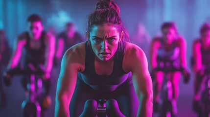 Focused Indoor Cycling Class with Intense Atmosphere and Neon Lighting Effects