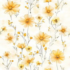 A delicate floral pattern featuring soft yellow flowers and green stems on a light background, perfect for textiles or decorative purposes.