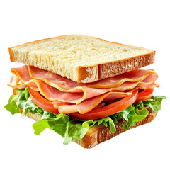 Fresh bread sandwich with ham, lettuce and tomato, banner isolated on transparent background.