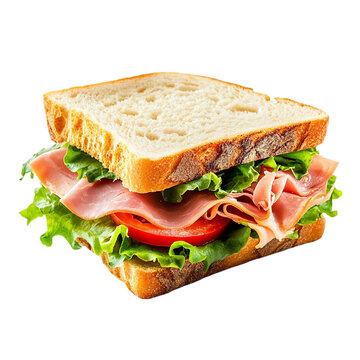 Fresh bread sandwich with ham, lettuce and tomato, banner isolated on transparent background.