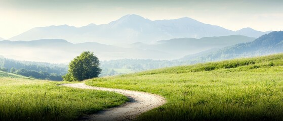Naklejka premium A dirt road in the middle of a grassy field with mountains in the background