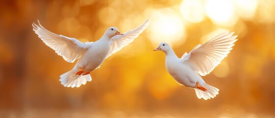 Obraz premium Two white ducks flying in the air with their wings spread