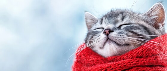 A gray and white cat wrapped in a red scarf