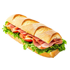 Fresh bread sandwich with ham, lettuce and tomato, banner isolated on transparent background.