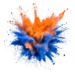 Colorful orange and blue powder explosion creating a vivid cloud in a dynamic display, orange and blue color powder pulver explosion isolated on transparent background