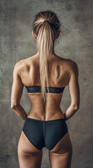 Fit woman with ponytail and black underwear showcasing strong back muscles and perfect body shape from behind