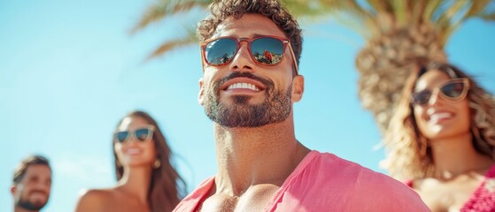 A group of people standing next to each other on a beach