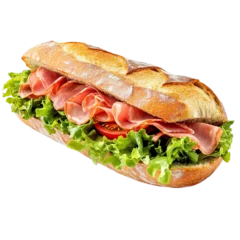 Photo sur Plexiglas Fresh bread sandwich with ham, lettuce and tomato, banner isolated on transparent background.