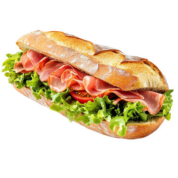 Fresh bread sandwich with ham, lettuce and tomato, banner isolated on transparent background.