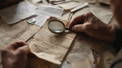 Investigator Using Magnifying Glass to Inspect Documents