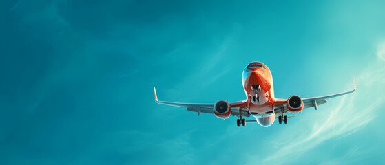 Fototapeta premium An airplane flying through a blue sky with clouds