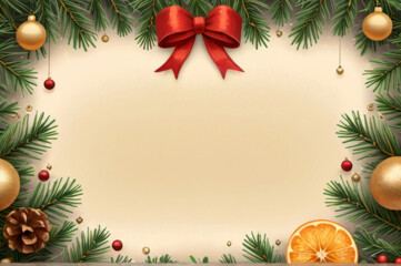 Elegant Christmas Background with Festive Border of Ornaments and Pine Branches.