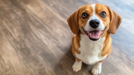 A cheerful Beagle sits on a wooden floor, showcasing its friendly smile and warm, expressive eyes.