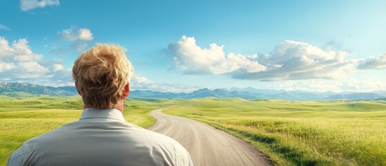 Fototapeta premium A man looking out over a dirt road in the middle of a green field