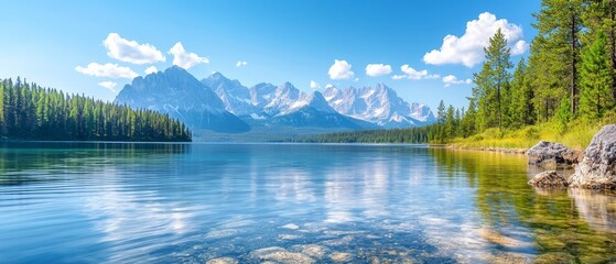 Naklejka premium A large body of water surrounded by trees and mountains