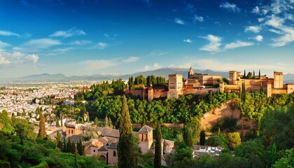 The Historic Alhambra Palace in Granada, Spain, Surrounded by Lush Gardens and Overlooking the City, Representing a Blend of Moorish and Spanish Architectural Styles