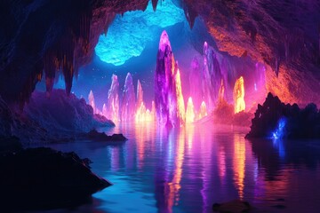 Fototapeta premium Dreamlike, multicolored crystal cave with a glowing lake, illuminated by neon light reflecting off the walls