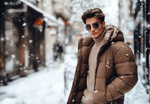 Handsome stylish young man in warm winter jacket, sweater and glasses. Winter fashion look. Blurred urban background with bokeh snowy city street. Closeup outdoor portrait. Banner with copy space