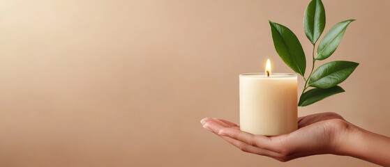 A person holding a candle with a green plant in their hand
