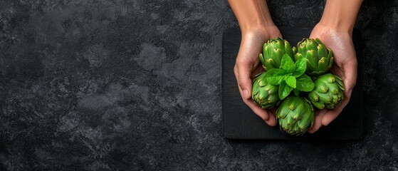 A person holding a bunch of artichokes in their hands