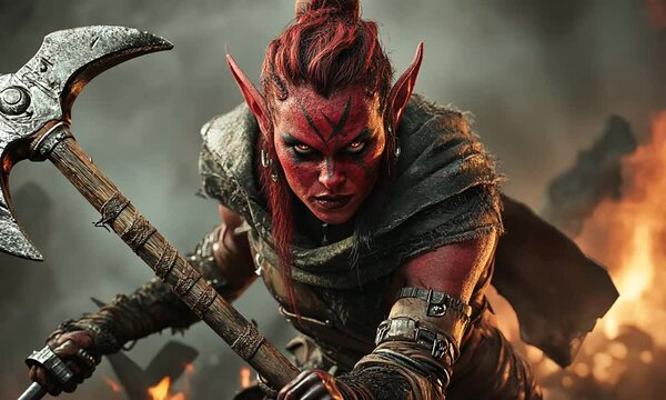 Red-skinned elf warrior with axe, intense gaze