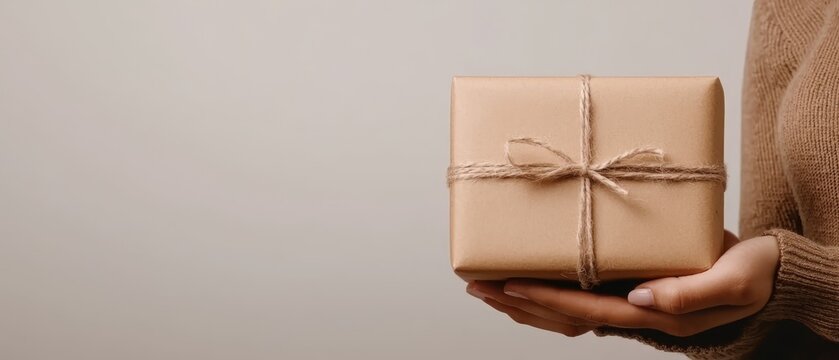 A person holding a brown gift box with a string tied around it