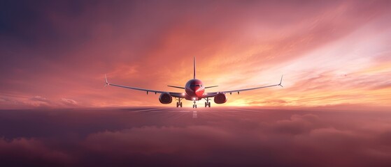 Naklejka premium A large passenger jet flying through a cloudy sky at sunset