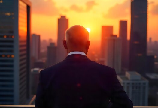 man at work a man is looking out of a window at the sunset.