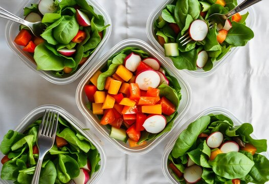 vegetables on a plate four containers of salad including carrots, radishes, radishes, and lettuce.