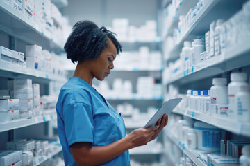Pharmacist holding computer tablet Using for filling prescription in pharmacy drugstore.