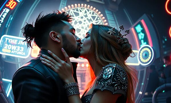 A romantic kiss between a couple in a neon-lit nightclub showcasing vibrant lights and a lively atmosphere