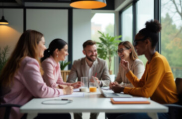 Blurred background of diverse business team collaborating in meeting
