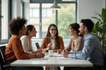 Fototapeta premium Blurred background of diverse business team collaborating in meeting