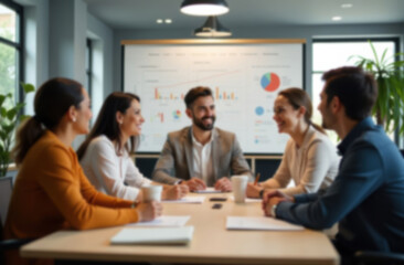 Blurred background of diverse business team collaborating in meeting