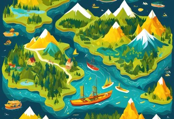 vibrant travel maps showcasing scenic destinations adventures exploration, atlas, guidebook, landscape, scenery, journey, tourism, trip, route, itinerary